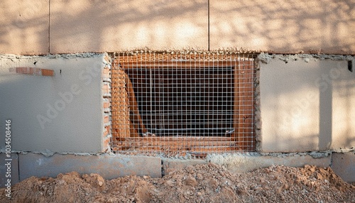 rectangular hole in wall closed with lattice reinforcement while building photo