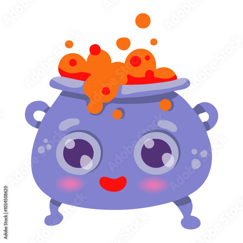 A cute funny cartoon cauldron with a magic potion isolated on a white background. The anthropomorphic cauldron smiles and looks with cute eyes. Vector illustration for Halloween