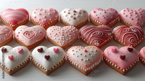 An assortment of heart-shaped cookies decorated with various pink and white frosting designs, arranged in three rows on a white surface.