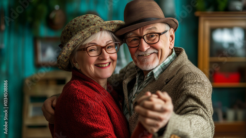 Elderly couple happily dancing in their home, savoring their retirement years