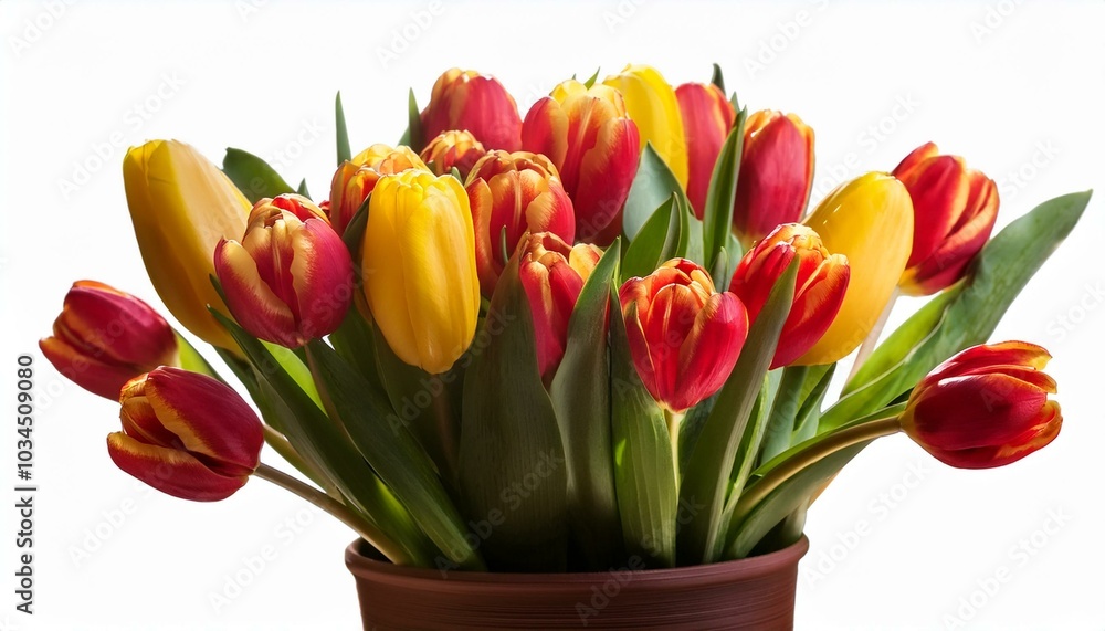 spring bouquet of red and yellow tulips in a brown pot spring bouquet of red and yellow tulips in a brown pot