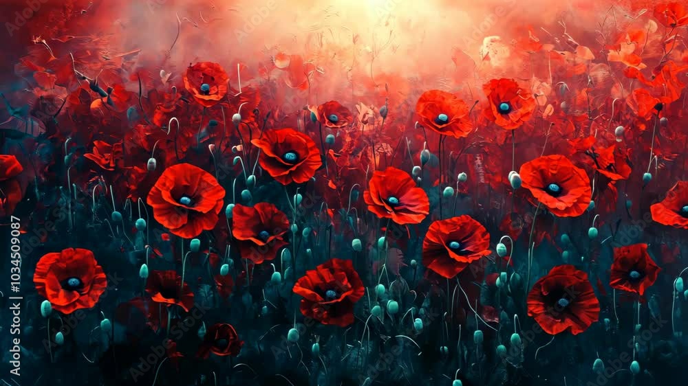A field of bright red poppies blooms in the warm afternoon sun A field of bright red poppies blooms in the warm afternoon sun