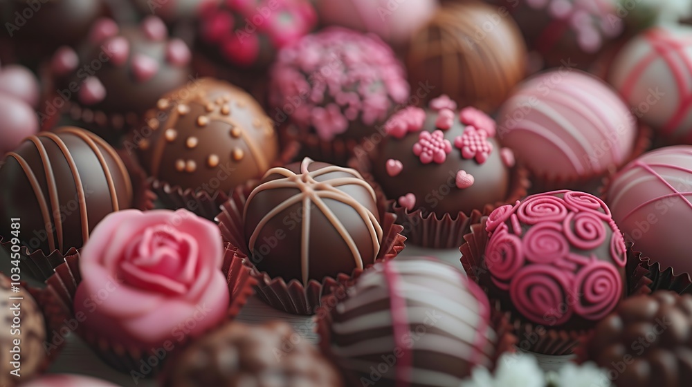 Close-up of an assortment of gourmet chocolate truffles in various colors and designs. Close-up of an assortment of gourmet chocolate truffles in various colors and designs.