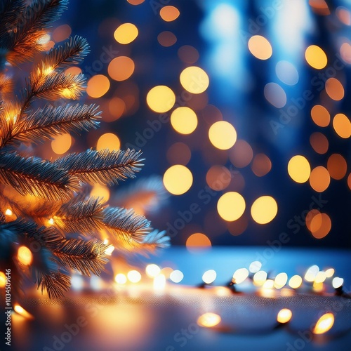 wallpaper with garland warm orange light on a blue blurred bockeh background xmas home decor cold and warm light depth of field copy space free space christmas tree photo