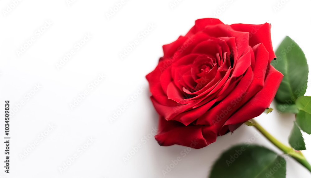 red rose with leaves pattern on side position provides copy space for text. background concept isolated white red rose with leaves pattern on side position provides copy space for text. background concept isolated white