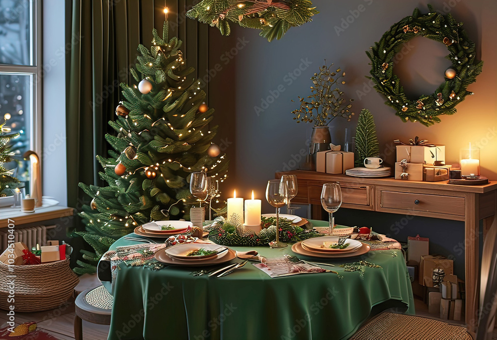 Obraz premium cozy evening aesthetic composition of warm dining room interior with table and tablecloth, christmas tree, christmas setting