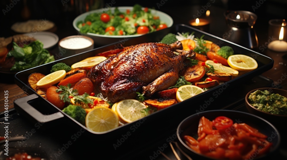 Roasted chicken with vegetables and side dishes on a table lit by candlelight. Roasted chicken with vegetables and side dishes on a table lit by candlelight.
