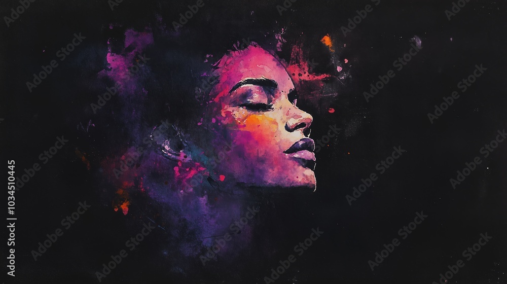 A stylish woman with vibrant purple and pink hues expresses her artistic essence in a striking artwork, capturing emotions and beauty in vivid detail A stylish woman with vibrant purple and pink hues expresses her artistic essence in a striking artwork, capturing emotions and beauty in vivid detail