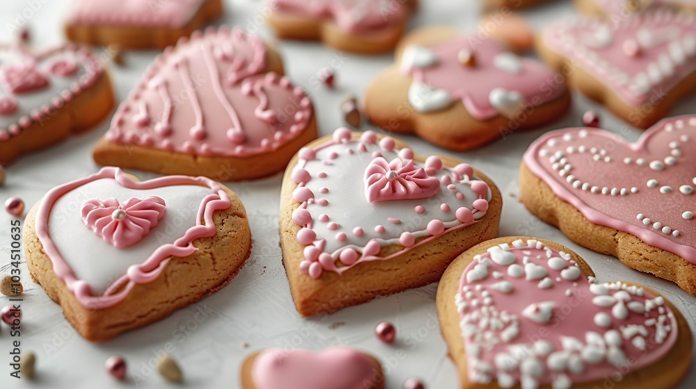 A close-up of beautifully decorated heart-shaped cookies with pink and white icing. A close-up of beautifully decorated heart-shaped cookies with pink and white icing.