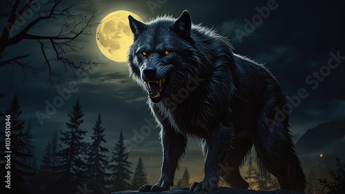  fearsome werewolf with midnight black full moon night wolf howling, Dark scary night, dense forest, jpeg file