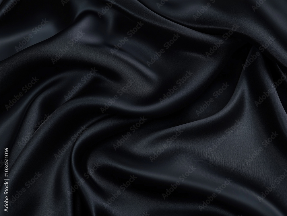 Fototapeta premium A close-up of the black silk fabric texture, which is slightly wavy and smooth in shape, abstract background with minimal detail. The image showcases the fine graininess of the material