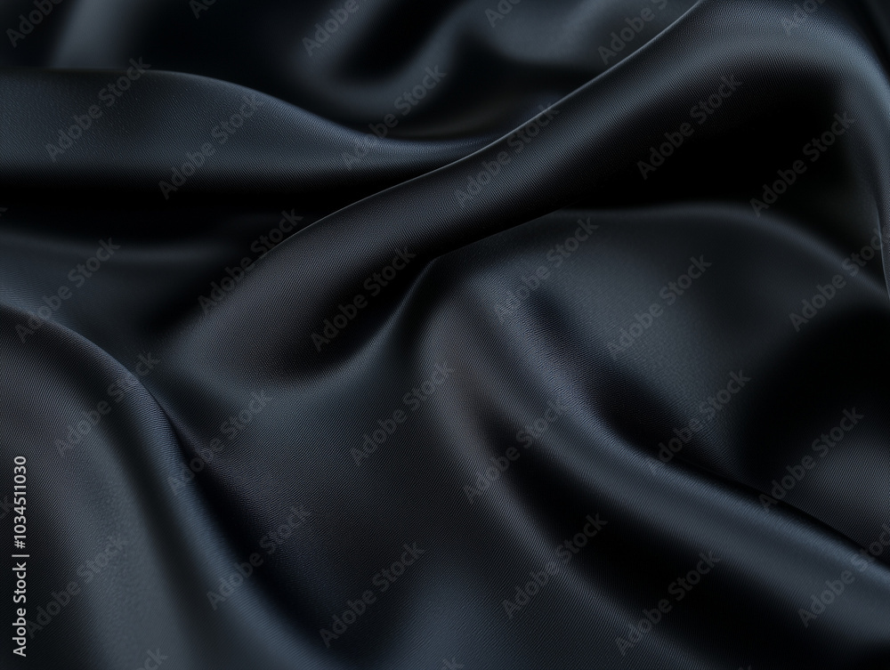 Fototapeta premium A close-up of the black silk fabric texture, which is slightly wavy and smooth in shape, abstract background with minimal detail. The image showcases the fine graininess of the material