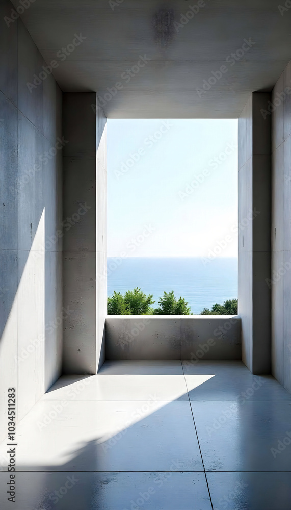 Fototapeta premium An empty balcony room with a breathtaking sea view. The terrace features sleek concrete flooring and a modern design, inviting tranquility and relaxation in a scenic coastal setting