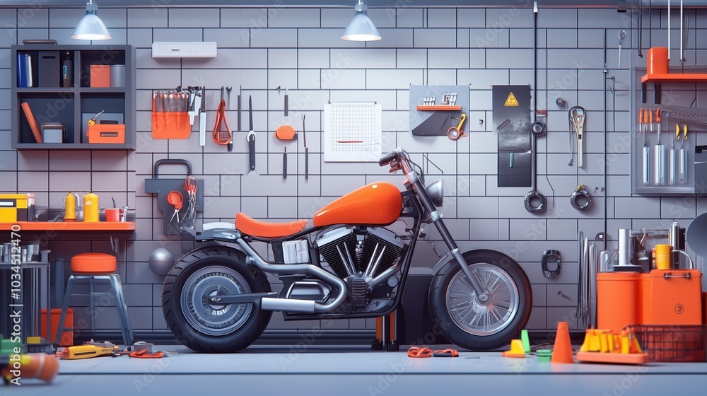 Obraz premium Bright orange motorcycle in a well-organized garage filled with tools and equipment during the daytime