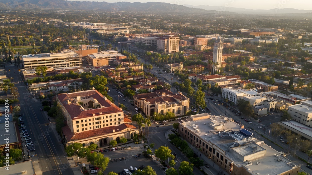 Obraz premium Aerial View of a Cityscape with Buildings, Streets, and Trees in the Evening