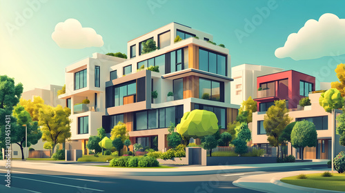 3D cartoon illustration envisioning modern architecture and smart real estate 