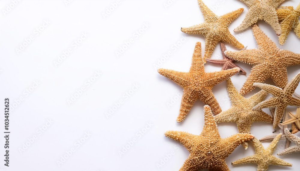 Sea star pattern on side position provides copy space for text. background concept isolated white Sea star pattern on side position provides copy space for text. background concept isolated white
