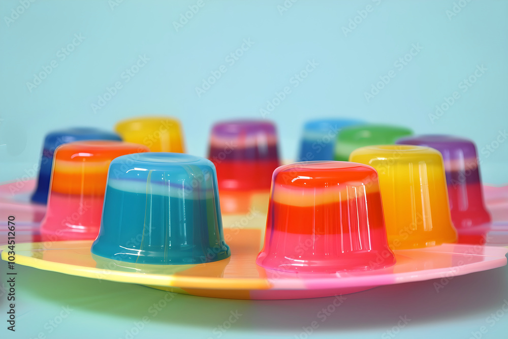 Colorful rainbow jelly, gelatin sweet cake on plate. Design template for wallpaper, backdrops and backgrounds for kids Colorful rainbow jelly, gelatin sweet cake on plate. Design template for wallpaper, backdrops and backgrounds for kids