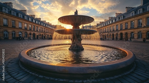 The fountain at Place des Vosges in Paris, France, framed by the classic architecture of the historic square