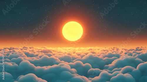 3D cartoon illustration of a full moon rising above a sea of clouds   