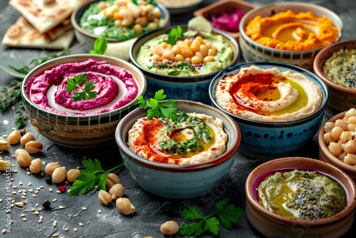 A number of bowls of food on a table