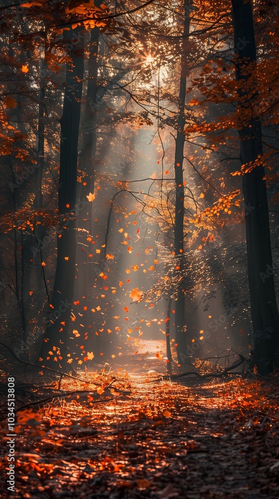 A path through a forest with leaves on the ground. The leaves are orange and the sun is shining through the trees A path through a forest with leaves on the ground. The leaves are orange and the sun is shining through the trees