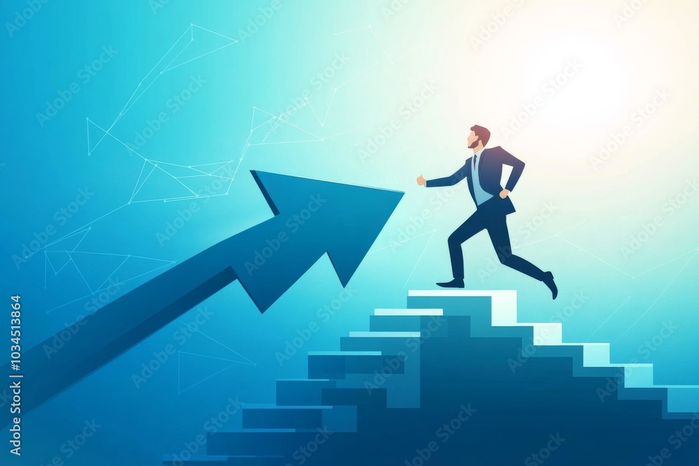 Cartoon Man in Business Attire Climbing an Upward Arrow, Symbolizing Growth and Success in Technology Sales with Blue Stairs and Clouds.
Cartoon Man in Business Attire Climbing an Upward Arrow, Symbolizing Growth and Success in Technology Sales with Blue Stairs and Clouds.