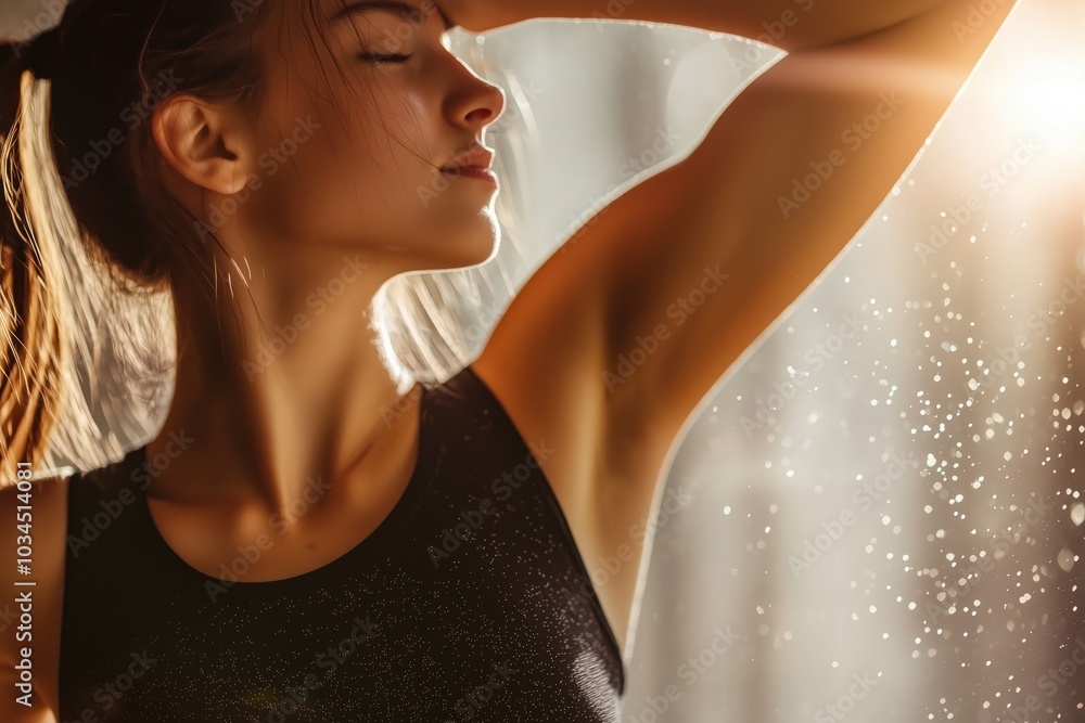 The image depicts a woman in an athletic setting, raising her arm with confidence. Her skin is glowing under soft sunlight, which creates a serene and fresh atmosphere, as she appears to be enjoying a