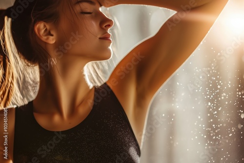 The image depicts a woman in an athletic setting, raising her arm with confidence. Her skin is glowing under soft sunlight, which creates a serene and fresh atmosphere, as she appears to be enjoying a