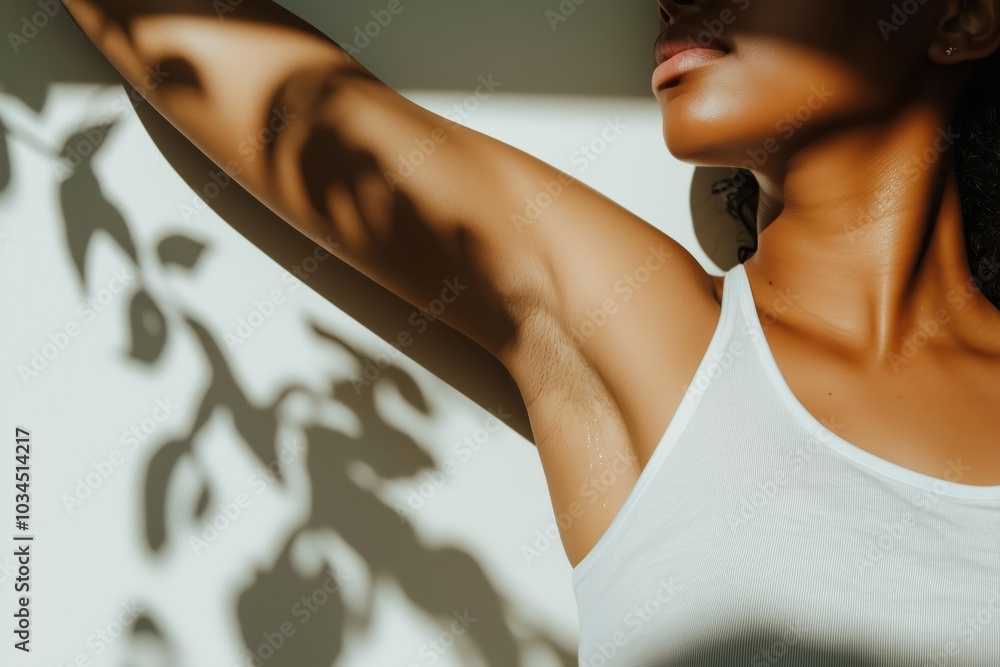 The image depicts a woman in an athletic setting, raising her arm with confidence. Her skin is glowing under soft sunlight, which creates a serene and fresh atmosphere, as she appears to be enjoying a