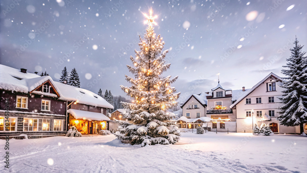 Snow-covered village at night, with glowing lights from windows, a tall Christmas tree in the center of the square, soft snowfall under a starry sky, christmas design background Snow-covered village at night, with glowing lights from windows, a tall Christmas tree in the center of the square, soft snowfall under a starry sky, christmas design background