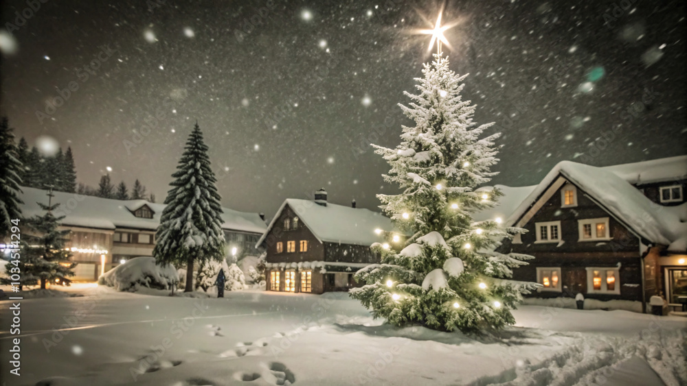 Obraz premium Snow-covered village at night, with glowing lights from windows, a tall Christmas tree in the center of the square, soft snowfall under a starry sky, christmas design background