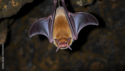 Lesser horseshoe bat hanging in a  cave (Rhinolophus hipposideros) photo