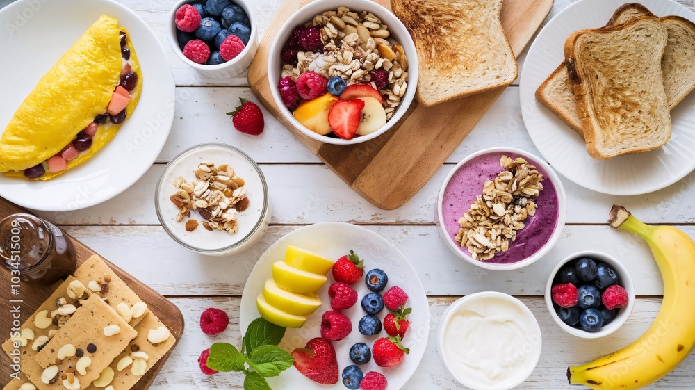 Healthy breakfast food table scene. Top down view over a white wood banner background. Healthy breakfast food table scene. Top down view over a white wood banner background.