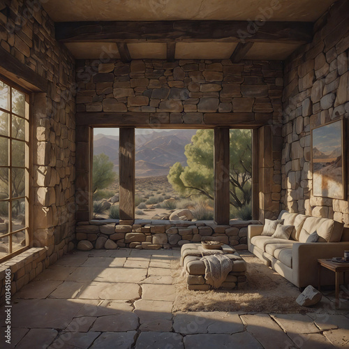 The living room of a simple country house in the mountains as a retreat, large window with a view of the mountains outside. Tasteful architecture in a simple mid-century style, stone walls, cozy sofa. photo