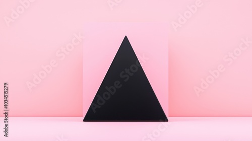 A striking black pyramid contrasts beautifully against a soft pastel pink background, showcasing modern artistic design and bold minimalism