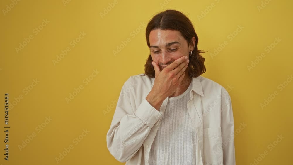 Young man with long hair reacting with different emotions while standing against an isolated yellow background wear white clothes. Young man with long hair reacting with different emotions while standing against an isolated yellow background wear white clothes.