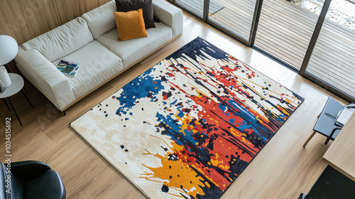 A stylish modern rug is showcased in a full-room view, highlighting its sleek design