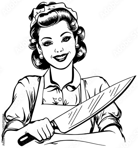 Illustration in black of a smiling retro housewife holding a large kitchen knife 