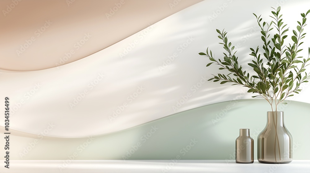A serene composition featuring elegant vases with greenery against a softly curved wall, reflecting modern aesthetic and tranquility. A serene composition featuring elegant vases with greenery against a softly curved wall, reflecting modern aesthetic and tranquility.
