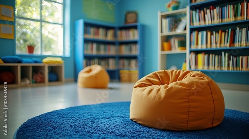 Wallpaper Mural A cozy reading nook featuring colorful bean bags on a blue rug, surrounded by shelves filled with books in a bright, cheerful room. Torontodigital.ca