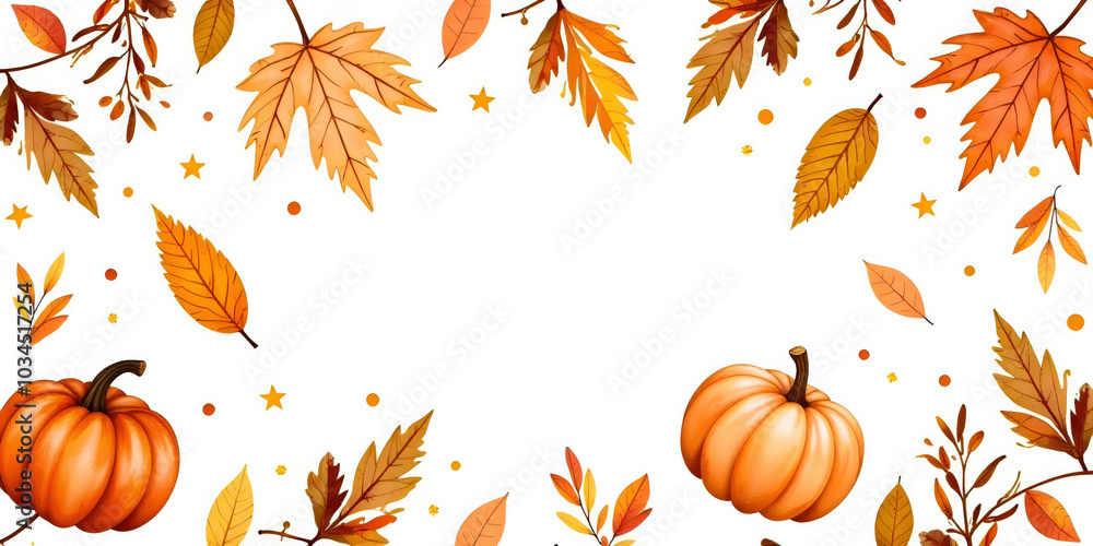 Naklejka premium A seamless watercolor Thanksgiving pattern featuring autumn leaves, pumpkins, acorns, and seasonal elements in warm, earthy tones. Perfect for festive backgrounds and fall designs.
