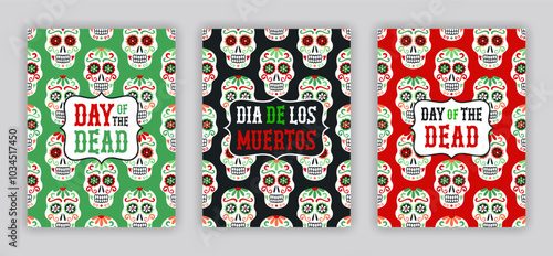 Mexican style red, green, black greeting card set with ornate skulls pattern decoration. Day of the Dead hand drawn lettering inscription in Spanish and Eanglish languages. Vector illustration