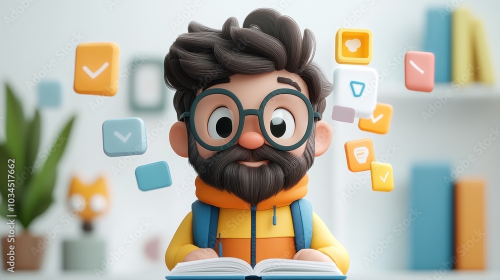 3D Cartoon Man Studying With Checkmarks 3D Cartoon Man Studying With Checkmarks