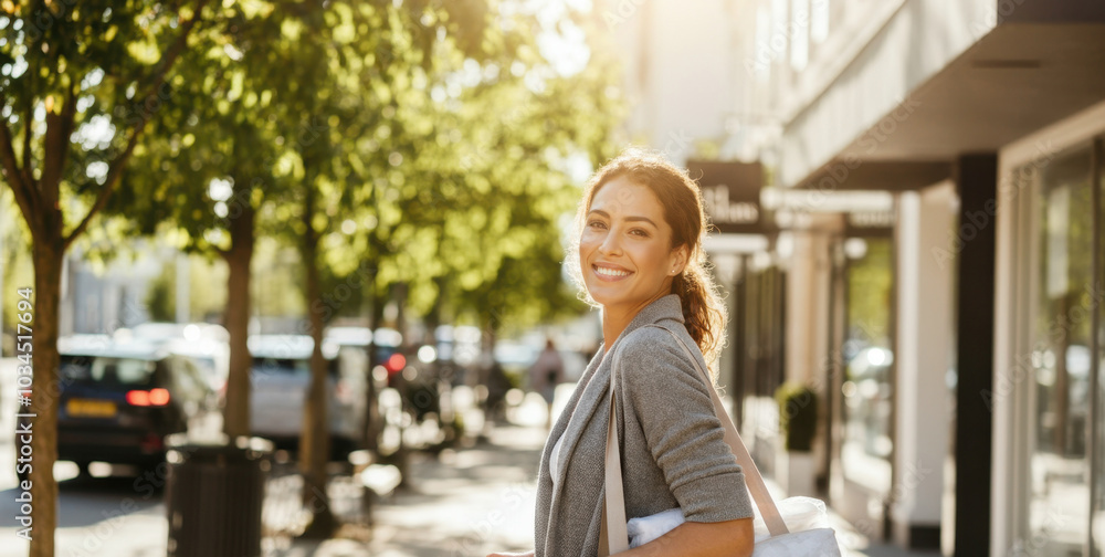 Smiling woman in casual clothes walking on sunny street Smiling woman in casual clothes walking on sunny street