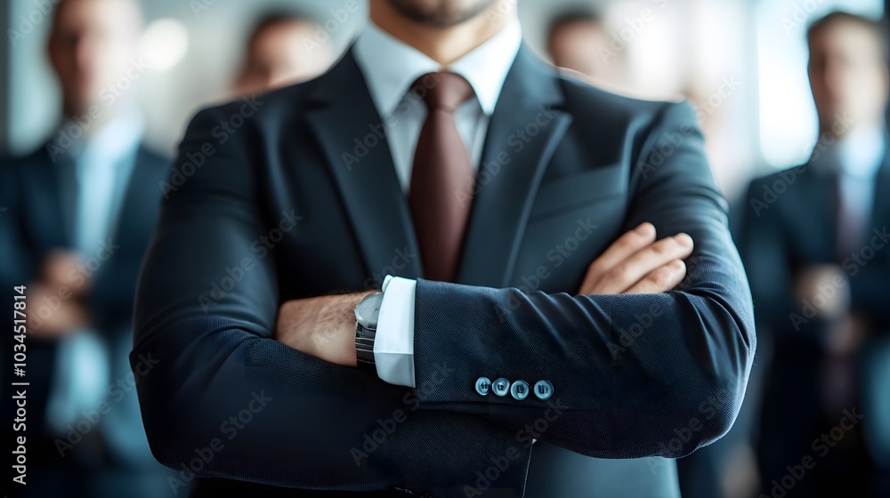 A Man in a Suit with Folded Arms Standing in a Group A Man in a Suit with Folded Arms Standing in a Group