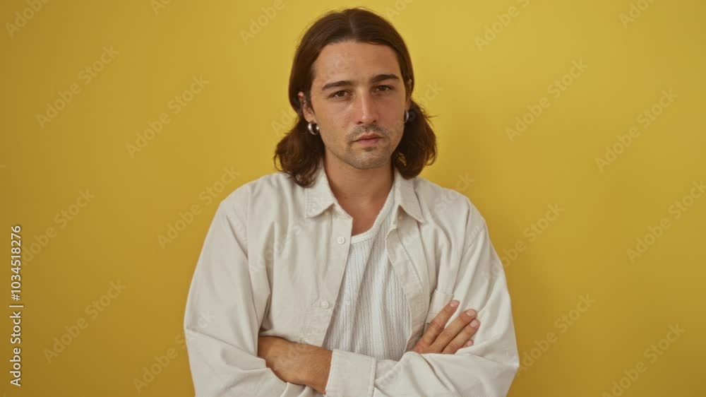 Young hispanic man with long hair standing with arms crossed over an isolated yellow background, exuding a confident and casual demeanor Young hispanic man with long hair standing with arms crossed over an isolated yellow background, exuding a confident and casual demeanor
