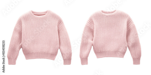 Pink warm knit female sweater front and back view. Blank mockup design on transparent cutout background, PNG file. Mockup clipart template