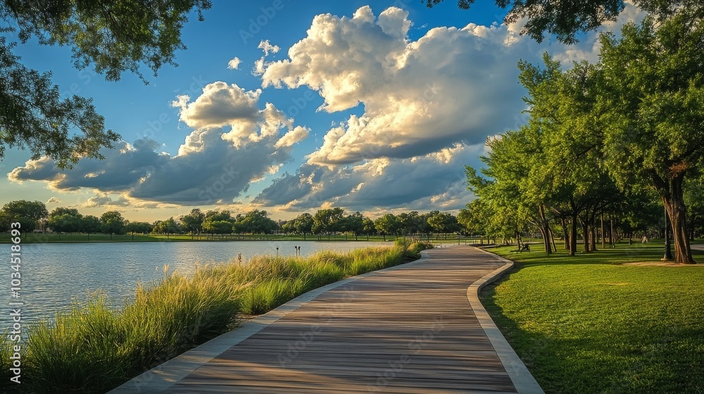 Fototapeta premium Boardwalk amidst city park clouds
