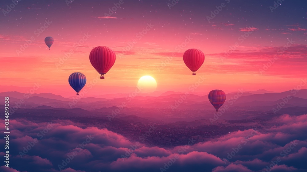 Hot Air Balloons Over Clouds at Sunset Hot Air Balloons Over Clouds at Sunset